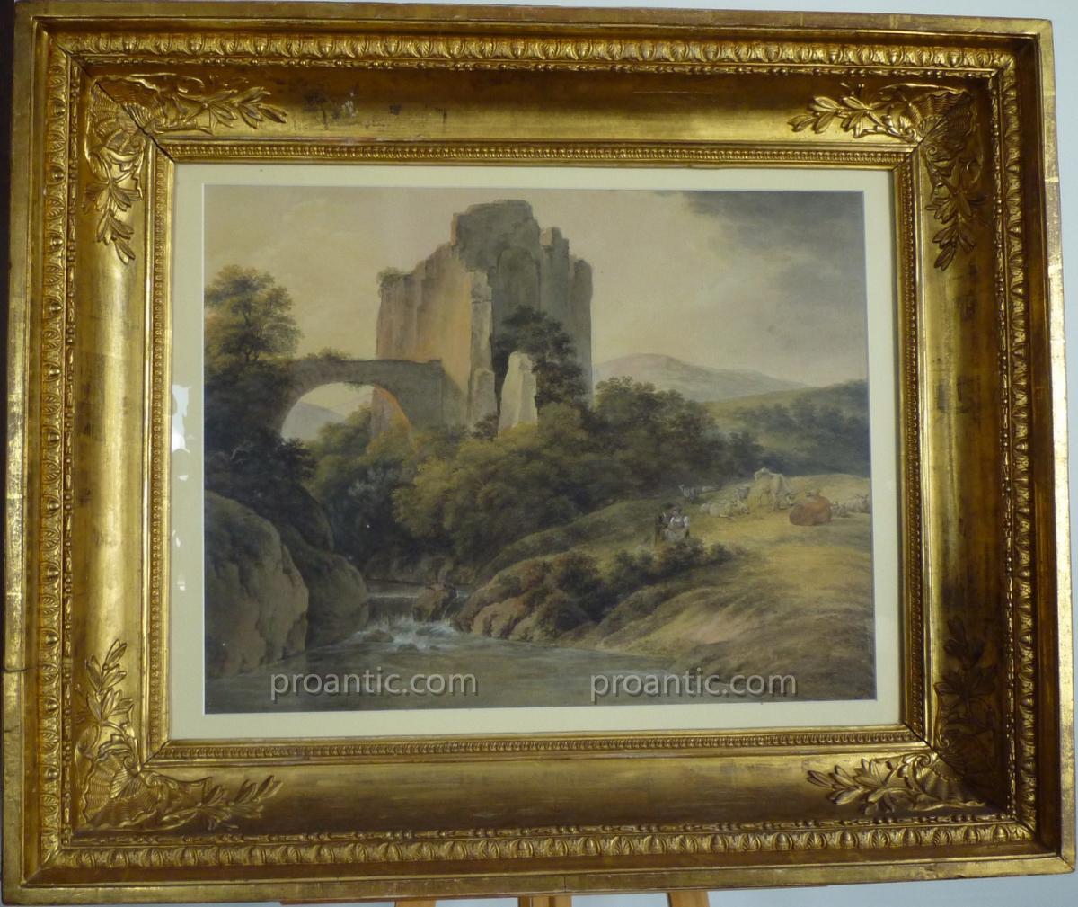 Paysage, ruines et troupeau aquarelle début XIXème, de Saint-Petersbourg, tableau